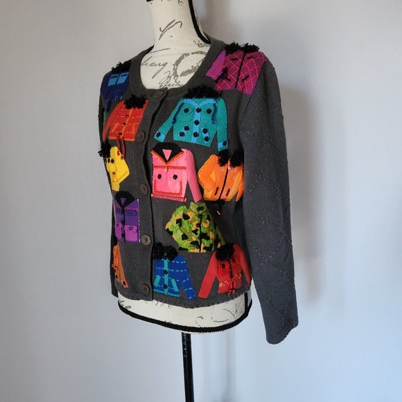 Michael Simon Bead Felt Vinyl Embellished Cardigan Button Cotton Blend Grey - Picture 3 of 9